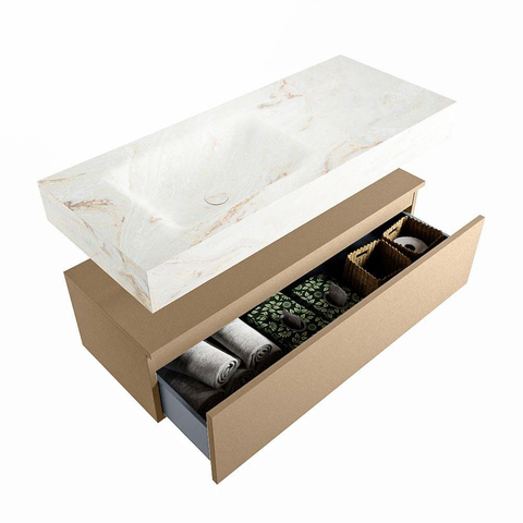 Mondiaz ALAN-DLUX Ensemble de meuble - 110cm - meuble Oro mat - 1 tiroir - Lavabo Cloud Frappe suspendu - vasque Gauche - 1 trou de robinet SW805538
