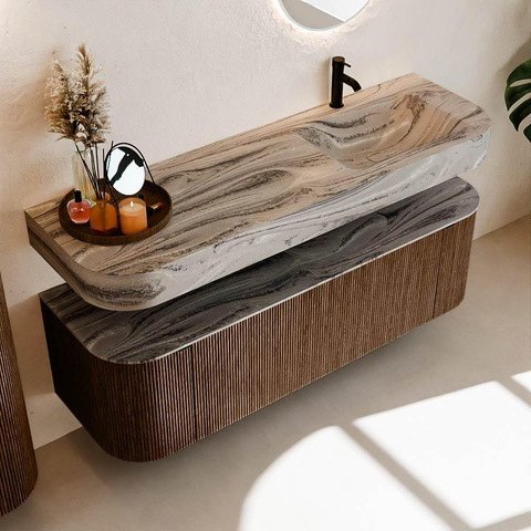 MONDIAZ THOR-DLUX 150cm meuble de salle de bains arrondi gauche + droite couleur Walnut avec 1 tiroir et 2 portes. Vasque suspendue CLOUD Droite 1 trou de robinet couleur Sombra. SW1464917