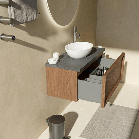 Saniclass Holz Frame Badkamermeubelset - 100x45x43cm - Noche basalten wastafelblad gepolijst (zwart) - 1 kraangat - 1 lade - mat walnut pure (hout) SW1478563