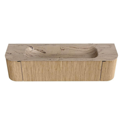 MONDIAZ KURVE-DLUX 170cm badmeubel ronding Links + Rechts kleur Oak met 1 lade en 2 deuren. Wastafel BIG LARGE Midden zonder kraangat Arena. SW1431135