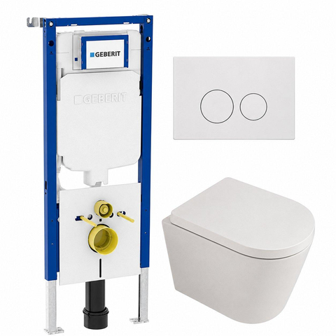 QeramiQ Dely Toiletset - 36.3x51.7cm - diepspoel - rimless - Geberit UP720 inbouwreservoir - softclose toilet zitting - 35mm - glans witte bedieningsplaat - ronde knoppen - mat wit SW1428012
