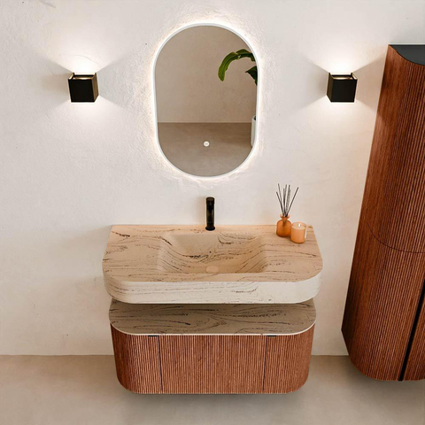 MONDIAZ THOR-DLUX 100cm meuble de salle de bains arrondi gauche + droite couleur Ruby avec 1 tiroir et 2 portes. Vasque suspendue CLOUD Milieu 1 trou de robinet couleur Arena. SW1467459