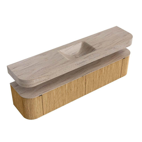 MONDIAZ THOR-DLUX 200cm meuble de salle de bains arrondi gauche + droite couleur Oak avec 2 tiroirs et 2 portes. Vasque suspendue CLOUD Milieu sans trou de robinet couleur Saba. SW1467212