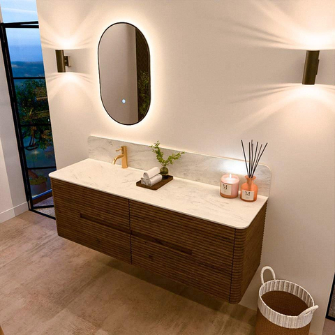 Mondiaz CIRO-DLUX Badkamermeubelset - 150x45x50cm - Solid surface wastafel Opalo - 1 wasbak Links - 1 kraangat - 4 lades - Dusk SW1532965