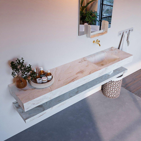 Mondiaz ALAN-DLUX Ensemble de meuble - 200cm - meuble Frappe mat - 0 tiroirs - Lavabo Cloud Frappe suspendu - vasque Droite - 0 trous de robinet SW809239