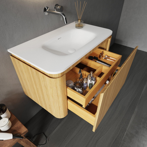 Royal Plaza Terra Badkamermeubelset - 80x47x46cm - solid surface wastafel wit mat - 1 wasbak - zonder kraangat - 2 lades - sandwood (licht eiken) SW1447018