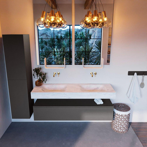 Mondiaz ALAN-DLUX Ensemble de meuble - 150cm - meuble Dark grey mat - 1 tiroir - Lavabo Cloud Opalo suspendu - vasque Gauche et droite - 0 trous de robinet SW806293