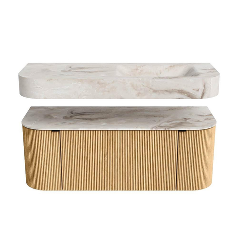 MONDIAZ THOR-DLUX 120cm badmeubel ronding links + rechts kleur Oak met 1 lade en 2 deuren. Vrijhangende wastafel CLOUD Rechts zonder kraangat kleur Frappe. SW1463058