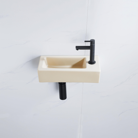 QeramiQ Fuente pack lave-mains – 37,5 x 18,5 x 9 cm – céramique beige – perçage à droite – robinet noir mat SW1232734