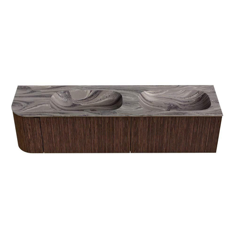 MONDIAZ KURVE-DLUX 175cm meuble de salle de bains arrondi à gauche couleur Walnut avec 2 tiroirs et 1 porte. Lavabo STOR SMALL Double / Droite sans trou de robinet Sombra. SW1433717
