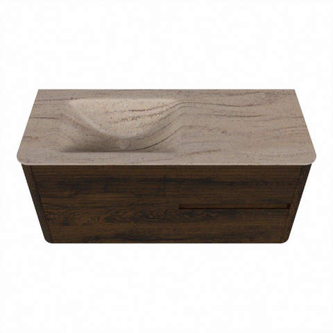 Mondiaz CIRO-DLUX Meuble de salle de bains - 110x45x50cm - Plan vasque Solid surface Saba - 1 vasque à gauche - 1 trou de robinet - 2 tiroirs - Noyer SW1530664