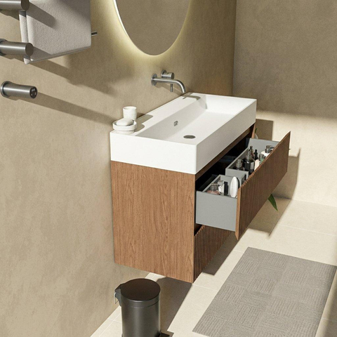 Saniclass Holz Atelier Badkamermeubelset - 100x45x72cm - Legend keramische wastafel mat wit - 1 wasbak - zonder kraangat - 2 lades - mat walnut pure (hout) SW1579608