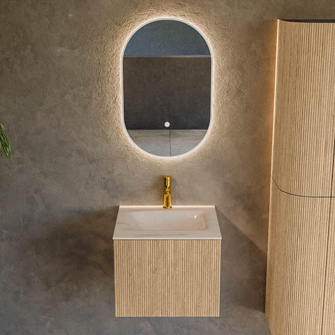 MONDIAZ KURVE-DLUX Meuble de salle de bains 50 cm couleur Oak avec 1 tiroir et 0 porte. Lavabo GRUNNE Central 1 trou de robinet Meli. SW1431580
