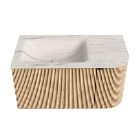 MONDIAZ KURVE-DLUX 85cm badmeubel ronding Rechts kleur Oak met 1 lade en 1 deur. Wastafel CLOUD Links zonder kraangat Meli. SW1431560