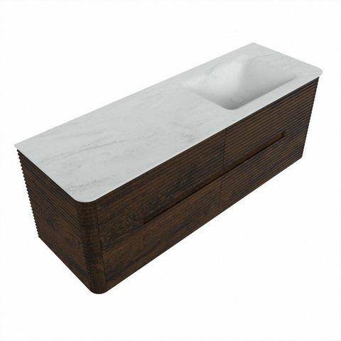 Mondiaz CIRO-DLUX Badkamermeubelset - 140x45x50cm - Solid surface wastafel Opalo - 1 wasbak Rechts - 1 kraangat - 4 lades - Walnut SW1530400
