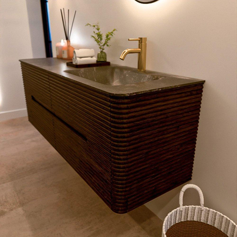 Mondiaz CIRO-DLUX Badkamermeubelset - 140x45x50cm - Solid surface wastafel Lava - 1 wasbak Rechts - 1 kraangat - 4 lades - Walnut SW1530155