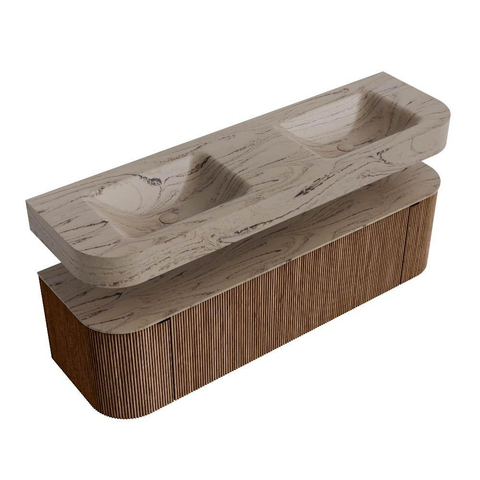 MONDIAZ THOR-DLUX 160cm meuble de salle de bains arrondi gauche + droite couleur Walnut avec 1 tiroir et 2 portes. Vasque suspendue CLOUD Double 2 trous de robinet couleur Arena. SW1465129