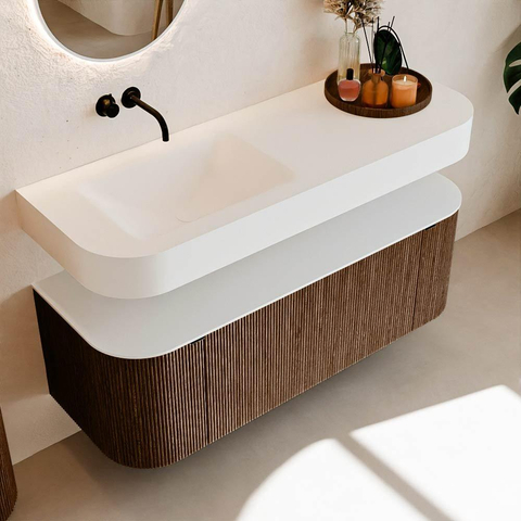 MONDIAZ THOR 130cm meuble de salle de bains arrondi gauche + droite couleur Walnut avec 1 tiroir et 2 portes. Vasque suspendue CLOUD Gauche sans trou de robinet couleur Talc. SW1463553