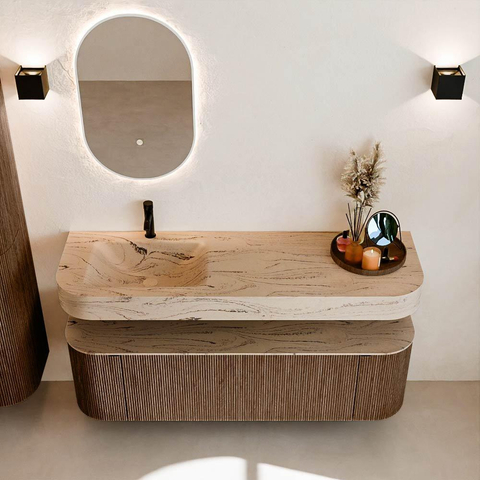 MONDIAZ THOR-DLUX 150cm meuble de salle de bains arrondi gauche + droite couleur Walnut avec 1 tiroir et 2 portes. Vasque suspendue CLOUD Gauche 1 trou de robinet couleur Arena. SW1464740