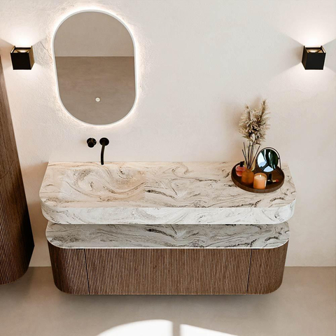 MONDIAZ THOR-DLUX 150cm badmeubel ronding links + rechts kleur Walnut met 1 lade en 2 deuren. Vrijhangende wastafel CLOUD Links zonder kraangat kleur Glace. SW1464654