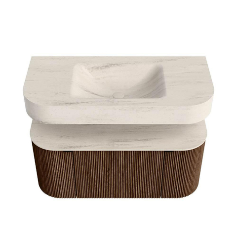 MONDIAZ THOR-DLUX 100cm meuble de salle de bains arrondi gauche + droite couleur Walnut avec 1 tiroir et 2 portes. Vasque suspendue CLOUD Milieu 1 trou de robinet couleur Meli. SW1467475