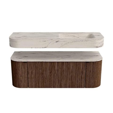 MONDIAZ THOR-DLUX 130cm meuble de salle de bains arrondi gauche + droite couleur Walnut avec 1 tiroir et 2 portes. Vasque suspendue CLOUD Droite 1 trou de robinet couleur Nata. SW1463864