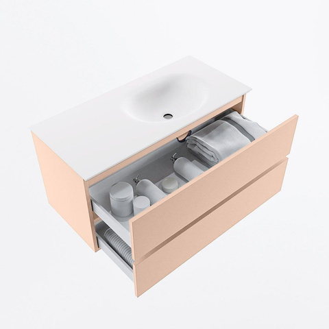 MONDIAZ VICA Ensemble meuble de salle de bains - 100cm - meuble bas rosee - 2 tiroirs - lavabo moon à droite - 1 trou de robinet - version haute 60cm - talc SW1080347