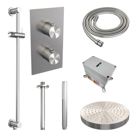 BRAUER Stripe Douche de tête thermostatique encastrée - 3 voies - rectangulaire - pomme de douche 25cm - bras plafond - douchette à main avec barre coulissante intégrée - flexible de douche - finition inox brossé PVD SW1435235