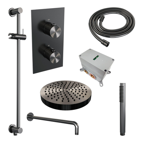 BRAUER Stripe Thermostatische Inbouw Regendouche - 3-weg - rechthoekig - SET 20 - 25cm douchekop - gebogen muurarm - staaf handdouche - doucheslang - geïntegreerde glijstang - gunmetal geborsteld PVD SW1435252