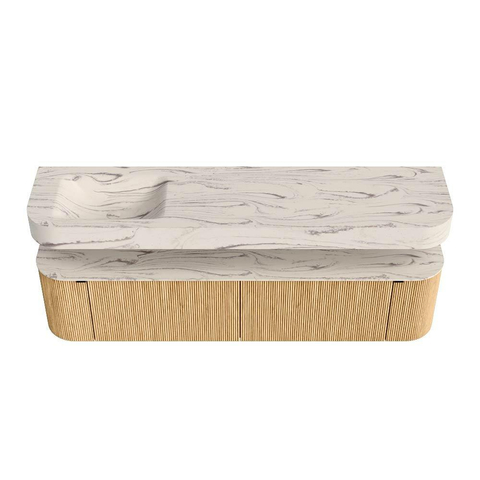 MONDIAZ THOR-DLUX 190cm meuble de salle de bains arrondi gauche + droite couleur Oak avec 2 tiroirs et 2 portes. Vasque suspendue CLOUD Gauche sans trou de robinet couleur Nata. SW1466762