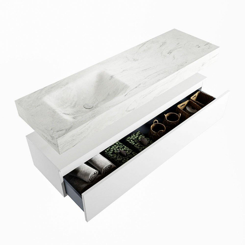 Mondiaz ALAN-DLUX Ensemble de meuble - 150cm - meuble Talc mat - 1 tiroir - Lavabo Cloud Opalo suspendu - vasque Gauche - 1 trou de robinet SW806313