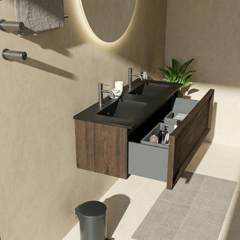 Saniclass Holz Frame Ensemble meuble de salle de bains - 120x45x42cm - lavabo Vygo en céramique noir - 2 vasques - 2 trous de robinetterie - 1 tiroir - chêne charcoal mat (bois) SW1478993