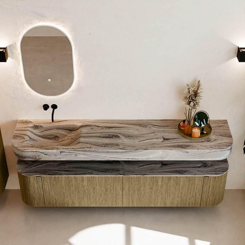 MONDIAZ THOR-DLUX Meuble de salle de bains - 200cm - arrondi gauche + droite - couleur Dusk - 2 tiroirs - 2 portes - Vasque suspendue CLOUD Gauche sans trou de robinet - couleur Sombra SW1467276