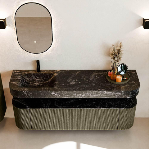 MONDIAZ THOR-DLUX Meuble de salle de bains 170cm arrondi gauche + droite couleur Shadow avec 1 tiroir et 2 portes. Vasque suspendue CLOUD Gauche 1 trou de robinet couleur Lava. SW1465522