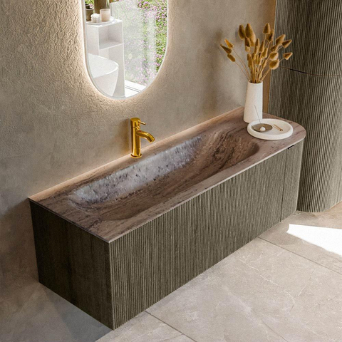 MONDIAZ KURVE-DLUX Meuble de salle de bains 135cm arrondi à droite couleur Shadow avec 1 tiroir et 1 porte. Plan-vasque BIG MEDIUM gauche 1 trou de robinet Oza. SW1432904