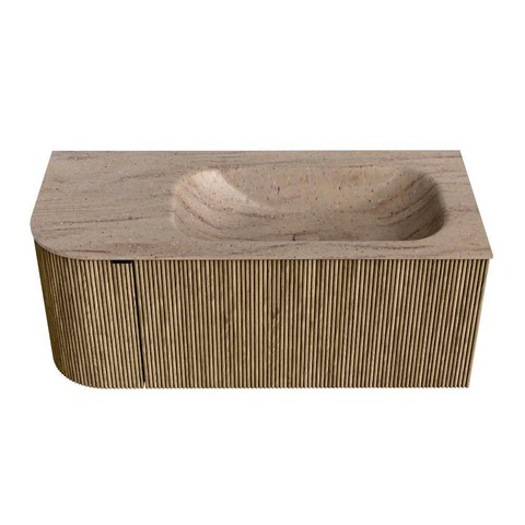MONDIAZ KURVE-DLUX Meuble de salle de bains 105cm arrondi à gauche couleur Dusk avec 1 tiroir et 1 porte. Lavabo BIG SMALL à droite sans trou de robinet Saba. SW1433327