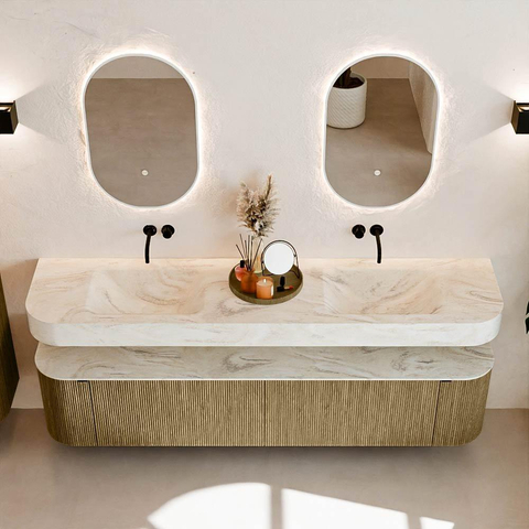 MONDIAZ THOR-DLUX 200cm meuble de salle de bains arrondi gauche + droite couleur Dusk avec 2 tiroirs et 2 portes. Vasque suspendue CLOUD Double sans trou de robinet couleur Ostra. SW1466858