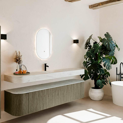 MONDIAZ THOR-DLUX 200cm meuble de salle de bains arrondi gauche + droite couleur Shadow avec 2 tiroirs et 2 portes. Vasque suspendue CLOUD Milieu 1 trou de robinet couleur Opalo. SW1467047