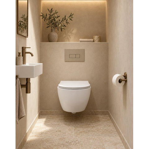 QeramiQ Dely Swirl Compact Toiletset - inbouwreservoir QeramiQ flush - slim zitting - kunststof bedieningsplaat taupe - rechthoekige knoppen - mat wit SW1590797