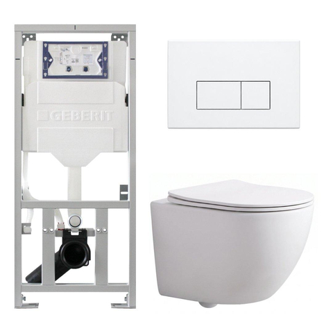 Pack WC QeramiQ Dely Swirl Compact - réservoir encastrable Geberit UP320 - avec bâti-support Burda - abattant slim - plaque de commande en métal blanc mat - boutons rectangulaires - blanc mat SW1595634