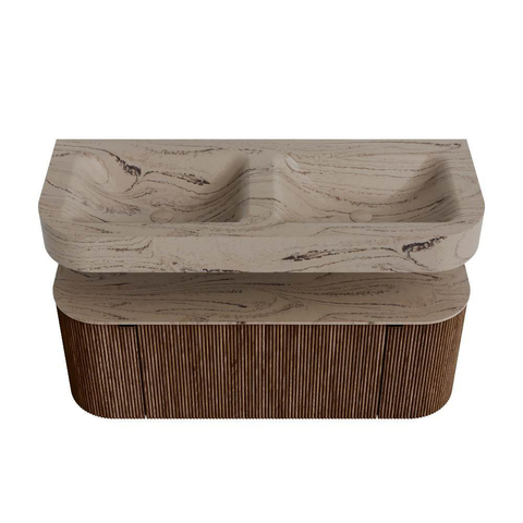 MONDIAZ THOR-DLUX 120cm meuble de salle de bains arrondi gauche + droite couleur Walnut avec 1 tiroir et 2 portes. Vasque suspendue CLOUD Double sans trou de robinet couleur Arena. SW1463446
