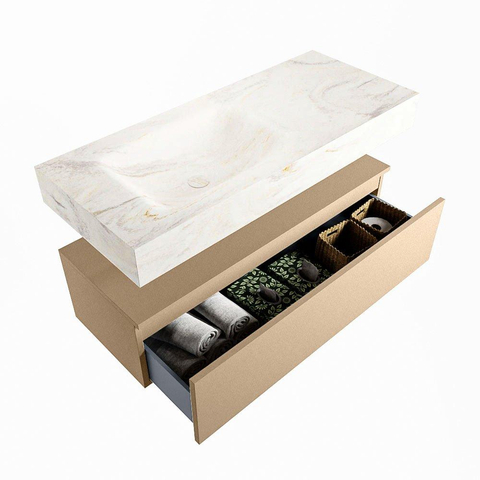 Mondiaz ALAN-DLUX Ensemble de meuble - 110cm - meuble Oro mat - 1 tiroir - Lavabo Cloud Ostra suspendu - vasque Gauche - 1 trou de robinet SW807581