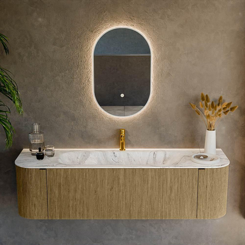 Mondiaz KURVE-DLUX Ensemble de meuble de salle de bains - 160x46x40cm - 1 tiroir - 2 portes - lavabo solid surface - central - 1 trou de robinet - Dusk SW1415489