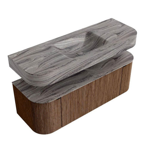 MONDIAZ THOR-DLUX 130cm badmeubel ronding links + rechts kleur Walnut met 1 lade en 2 deuren. Vrijhangende wastafel CLOUD Midden zonder kraangat kleur Sombra. SW1464058