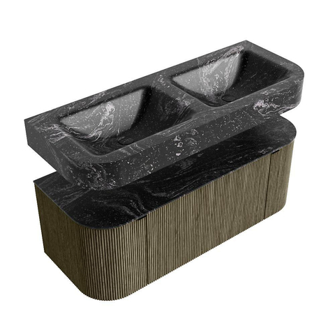 MONDIAZ THOR-DLUX 120cm meuble de salle de bains arrondi gauche + droite couleur Shadow avec 1 tiroir et 2 portes. Vasque suspendue CLOUD Double sans trou de robinet couleur Lava. SW1463153