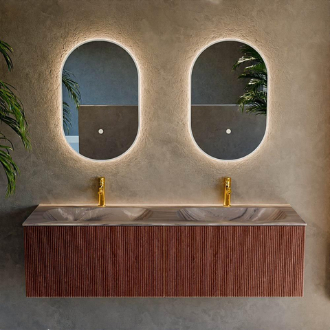 MONDIAZ KURVE-DLUX Meuble de salle de bains 150 cm couleur Ruby avec 2 tiroirs et 0 portes. Lavabo STOR SMALL Double 2 trous de robinet Sombra. SW1434007