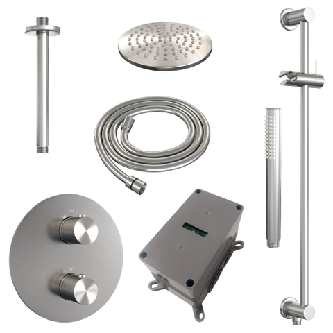 BRAUER Douche pluie thermostatique encastrée Carving brossée - 3 voies - rond - ensemble 89 - douche principale de 20 cm - bras plafond - douchette à main - flexible de douche - barre de douche intégrée - inox brossé PVD SW1159168