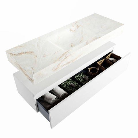Mondiaz ALAN-DLUX Ensemble de meuble - 130cm - meuble Talc mat - 1 tiroir - Lavabo Cloud Frappe suspendu - vasque Centre - 1 trou de robinet SW805195