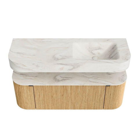 MONDIAZ THOR-DLUX Meuble de salle de bains 130cm arrondi gauche + droite couleur Oak avec 1 tiroir et 2 portes. Vasque suspendue CLOUD Droite sans trou de robinet couleur Ostra. SW1463568