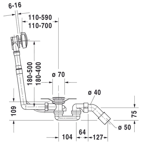 Duravit D-code Badafvoer en overloopcombinatie - met waste - voor bad - 180cm - inclusief middenafvoer - hoogglans chroom 0315177
